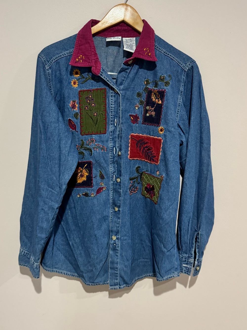 Bobbie Brooks Men's M Cotton Denim Western Patchwork Embroidered Button-Up